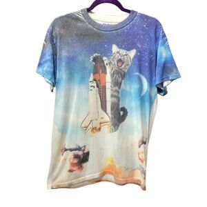Cute Cat on Shuttle Boys or Girl's White Tee‎ Size Boy's M